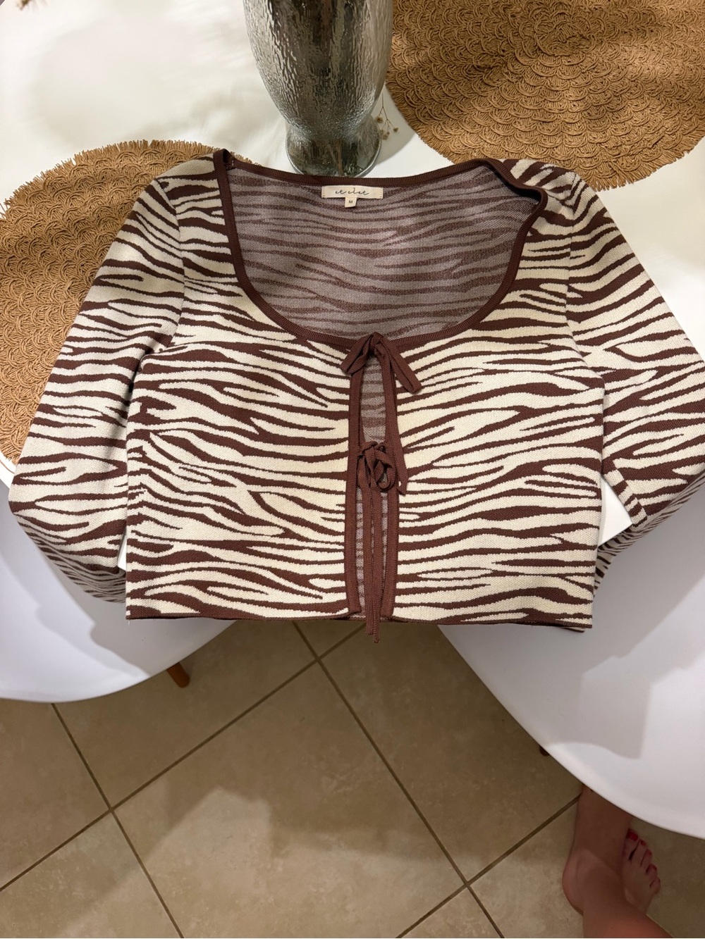 Etcetera Brown & Cream Zebra-Print Tie-Front Crop Top